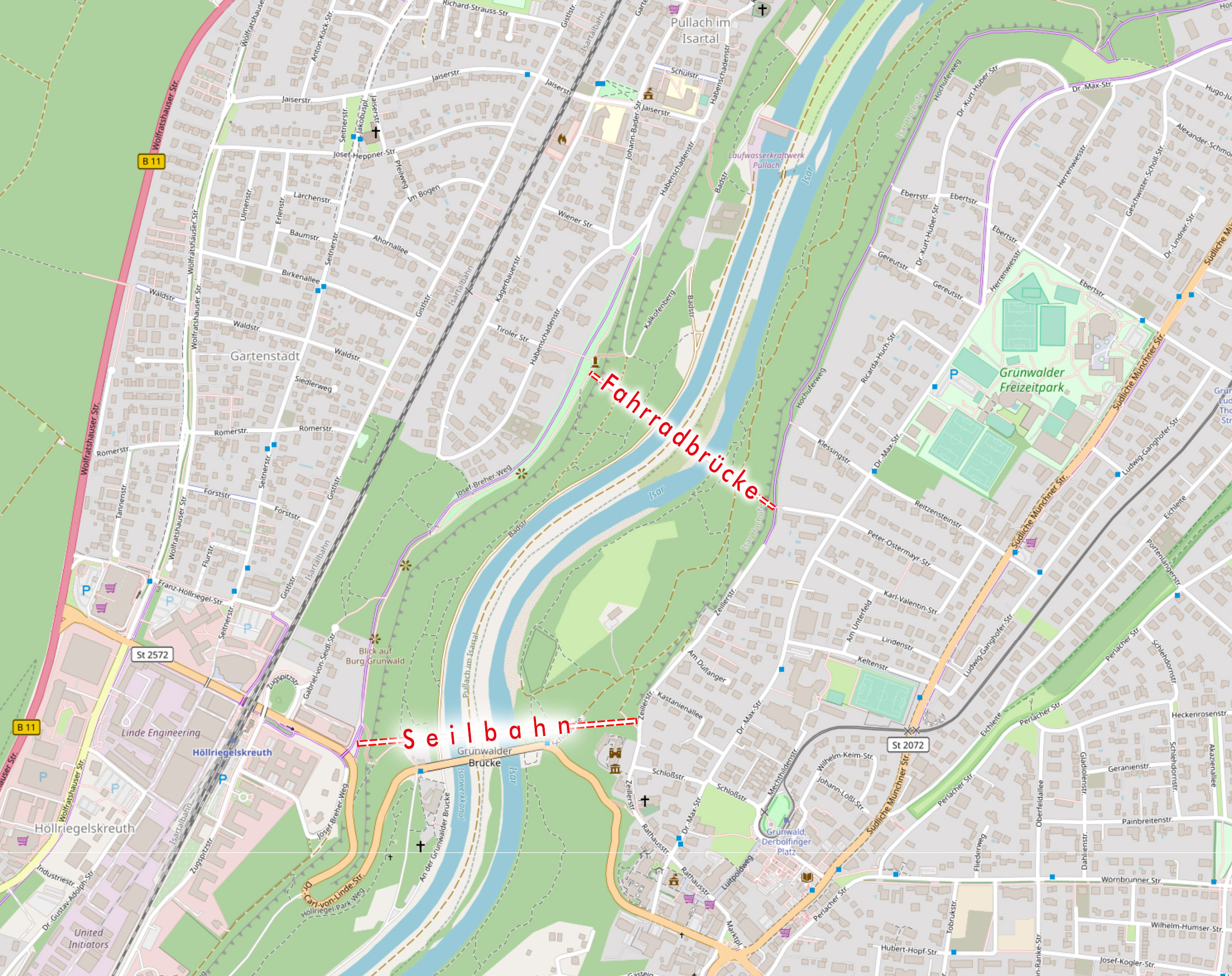 Karte: Möglicher Standort der Fahrradbrücke Pullach-Grünwald und der Seilbahn Höllriegelskreuth-Grünwald