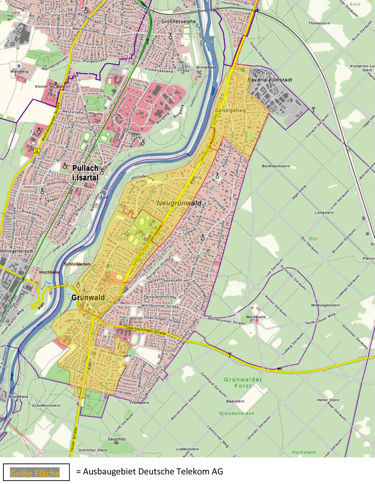 Glasfaser Ausbaugebiet der Deutschen Telekom in Grünwald (Stand: 05-2022)