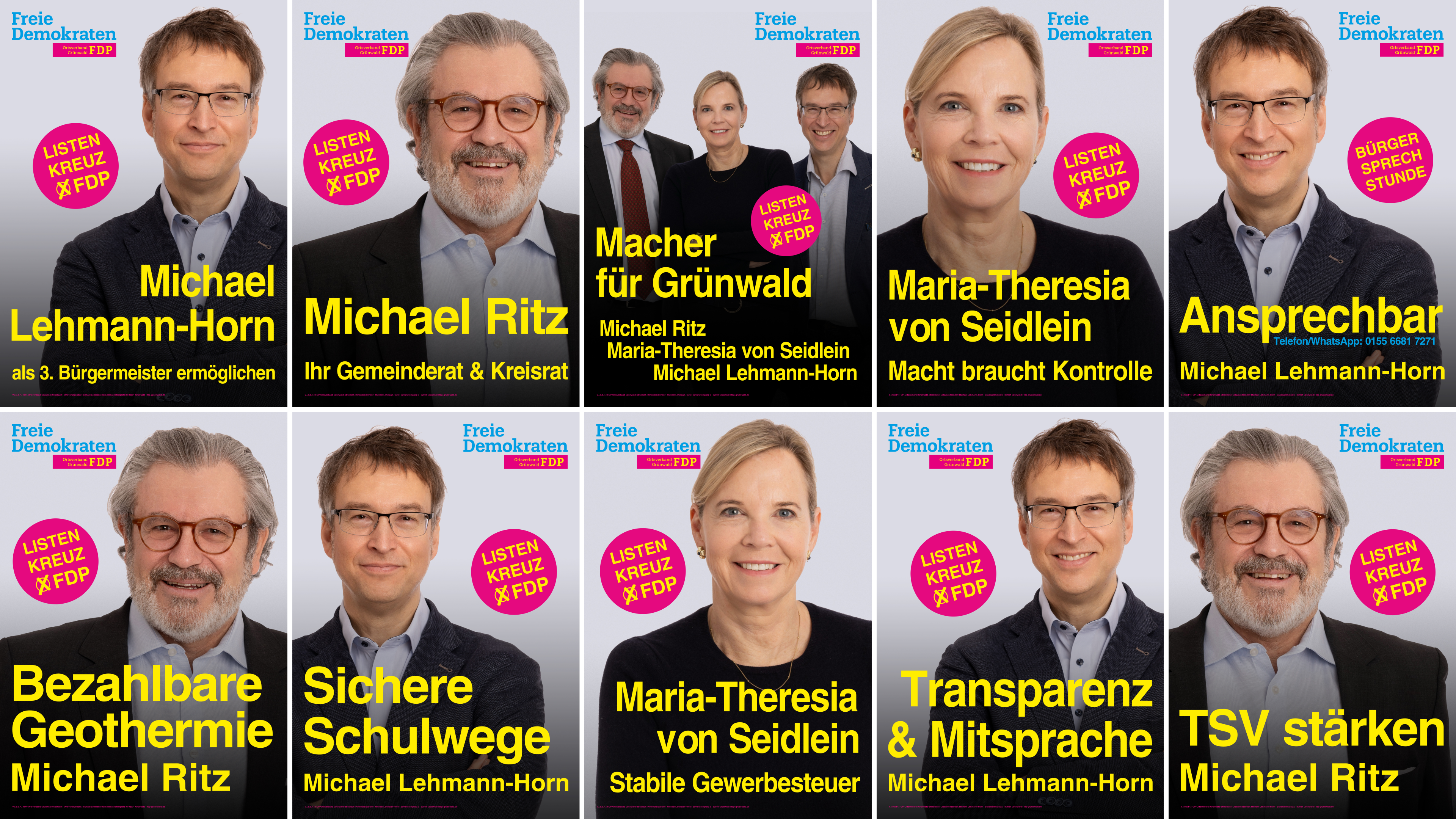 Einige Plakate der FDP Grünwald zur Kommunalwahl 2026