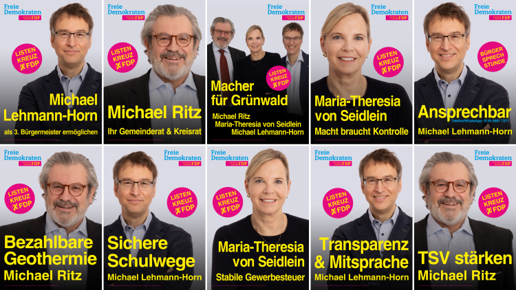 Einige Plakate der FDP Grünwald zur Kommunalwahl 2026